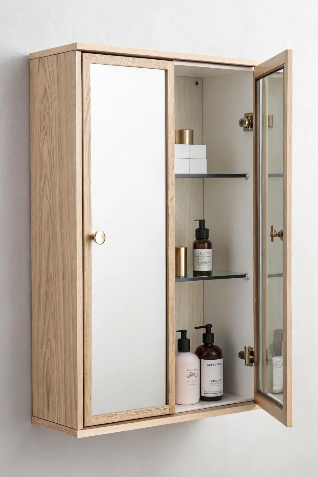 Mirrored medicine cabinet upgrade: hidden storage at eye level that instantly clears your counter.