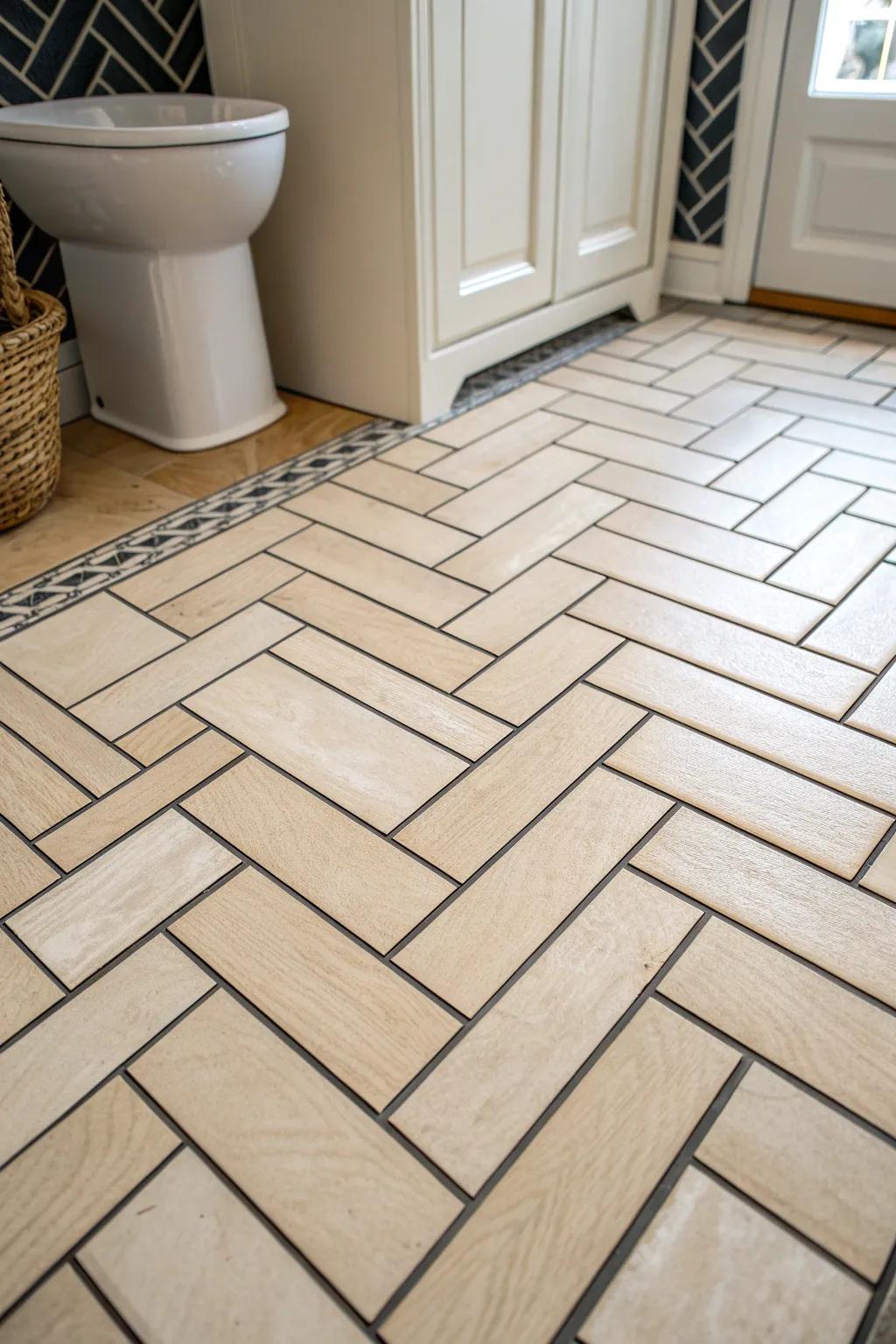 Herringbone floor tiles draw the eye forward—perfect for making a tiny bathroom feel longer.