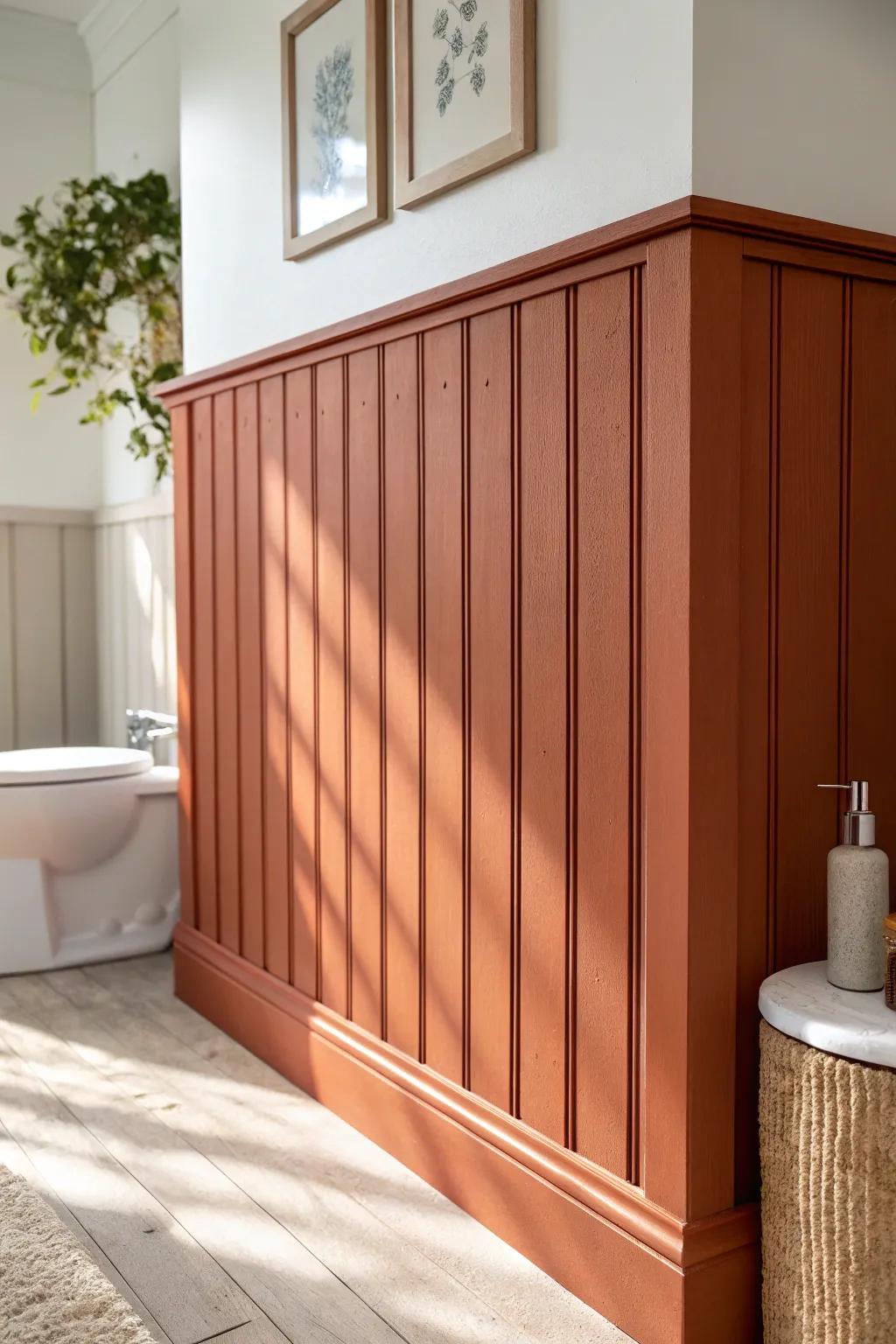 Terracotta board-and-batten behind the vanity: a small-bath upgrade that feels custom and chic.