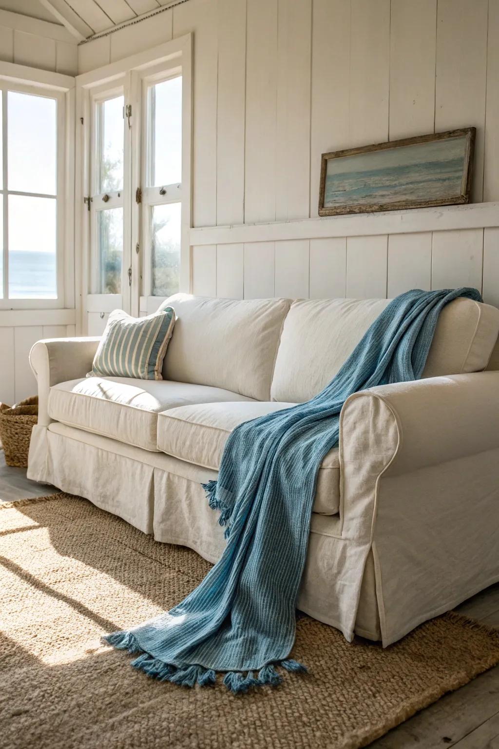 A light neutral slipcovered sofa keeps a small beach condo airy, relaxed, and sand-friendly.