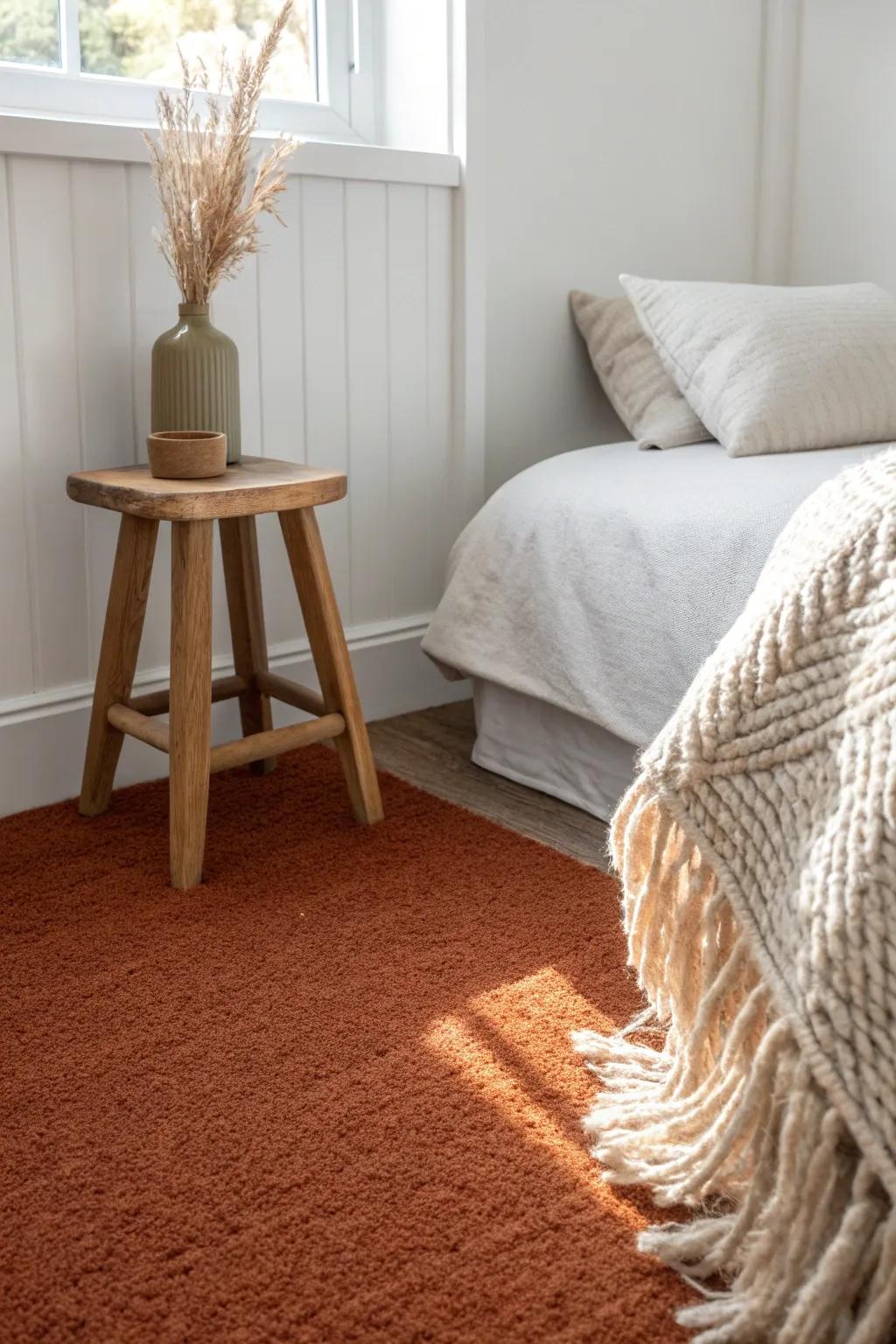 Plush wall-to-wall carpet adds instant warmth and quiet—perfect for a cozy small bedroom.