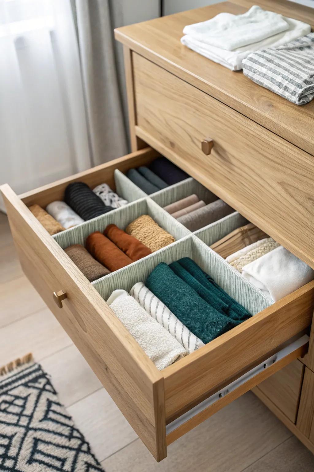 Drawer dividers = instant calm: tidy compartments that make a tiny bedroom feel spacious.