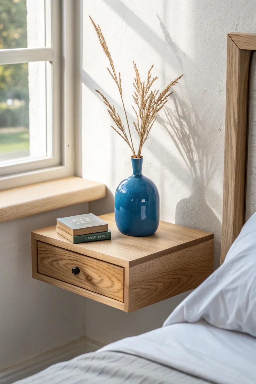 Ditch the bulky nightstand—one floating shelf instantly opens up a small bedroom wall.