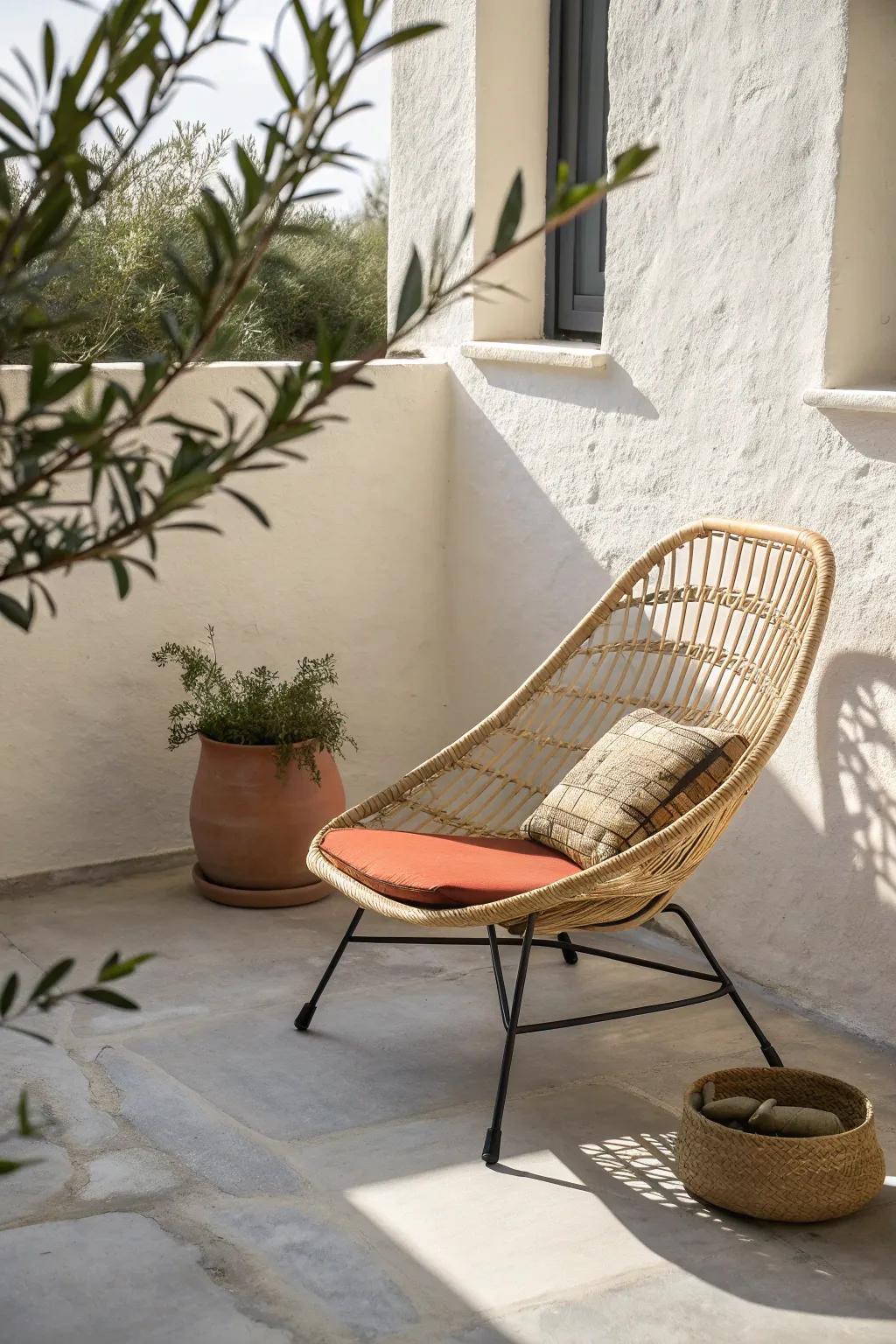 An airy woven lounge chair adds boho texture and keeps a small patio feeling open.