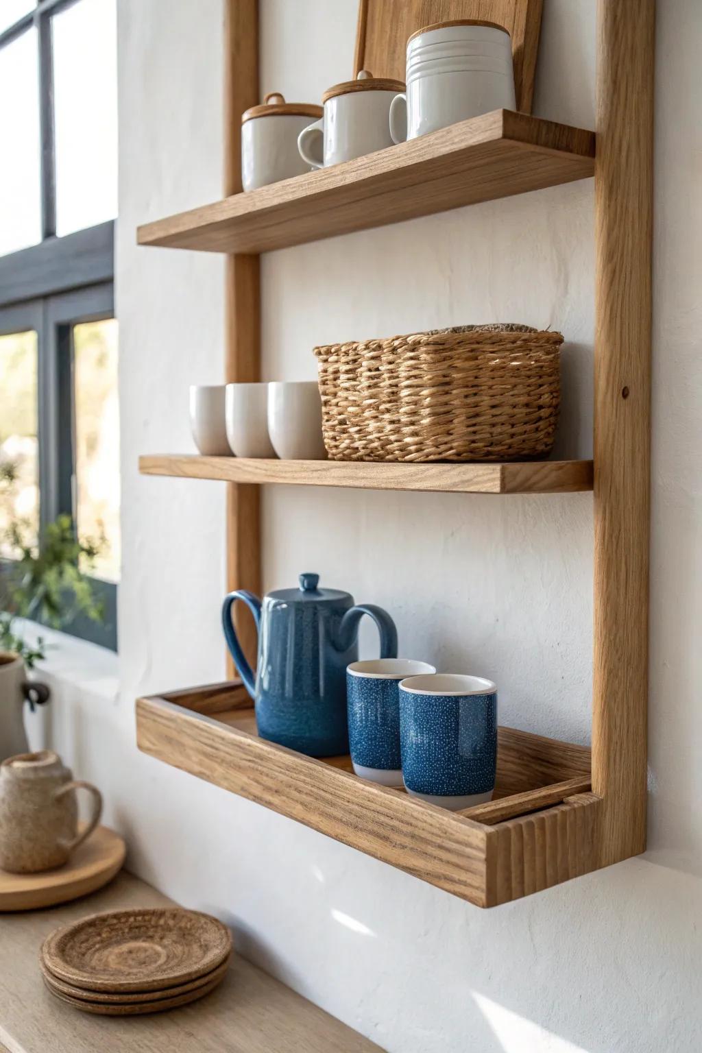 Open shelving keeps mugs and tea tidy—one woven tray makes it look curated, not cluttered.