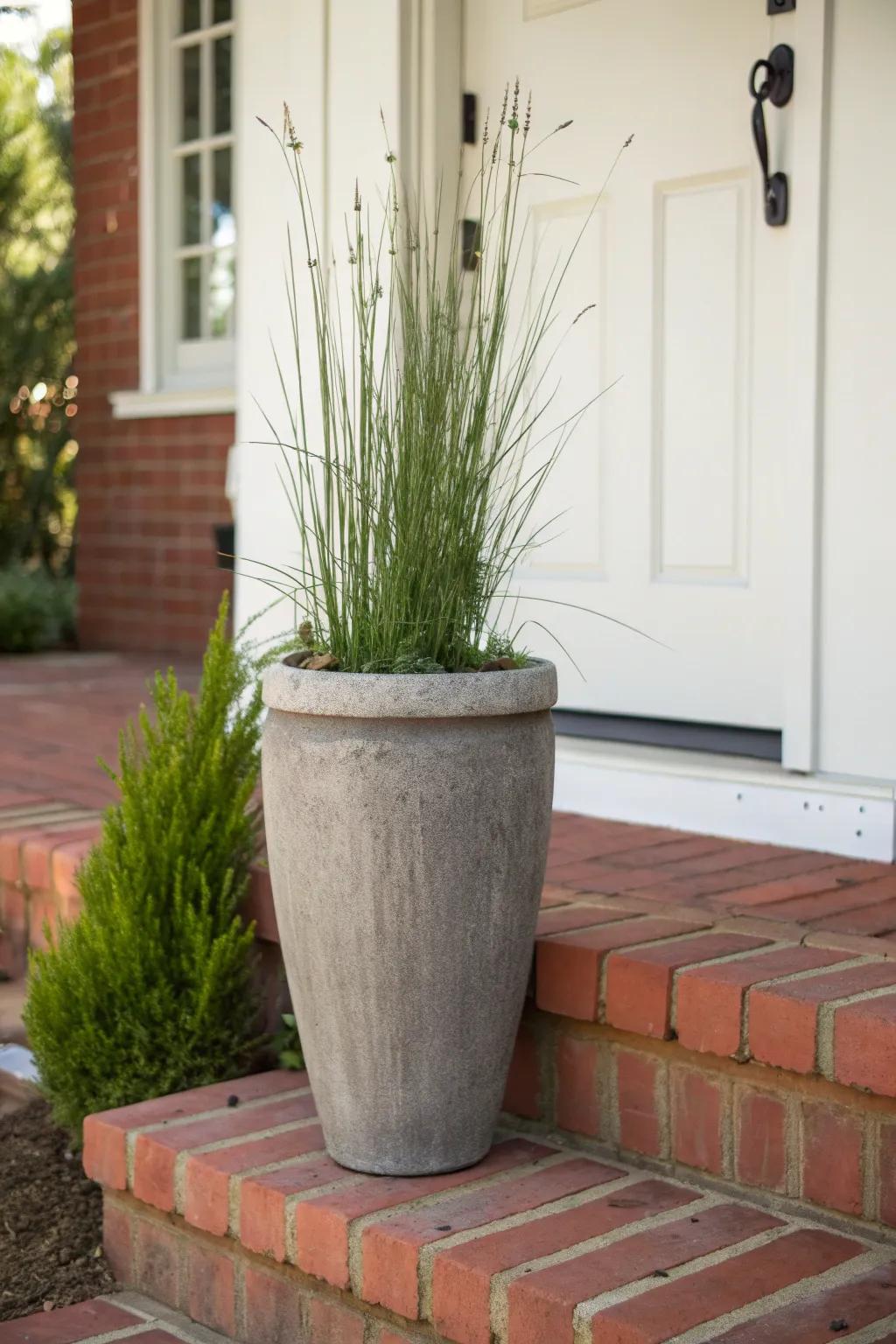 A tall urn adds instant entryway height on a small brick porch—grand look, zero clutter.