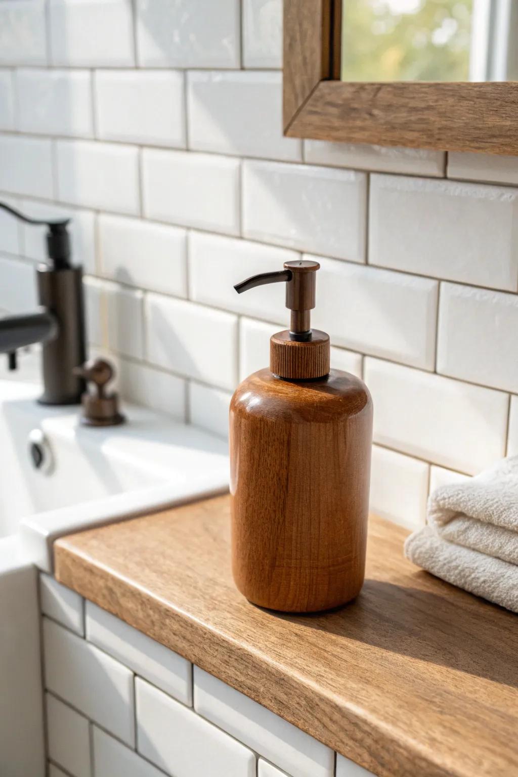 Warm walnut-brown accent against crisp white tile—bright, grounded, and perfect for small baths.