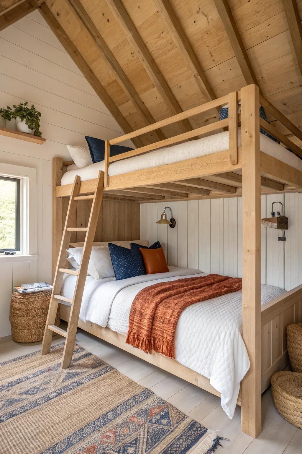 Loft bunk tucked into cabin rafters—minimal, handcrafted, and cozy with treehouse vibes.