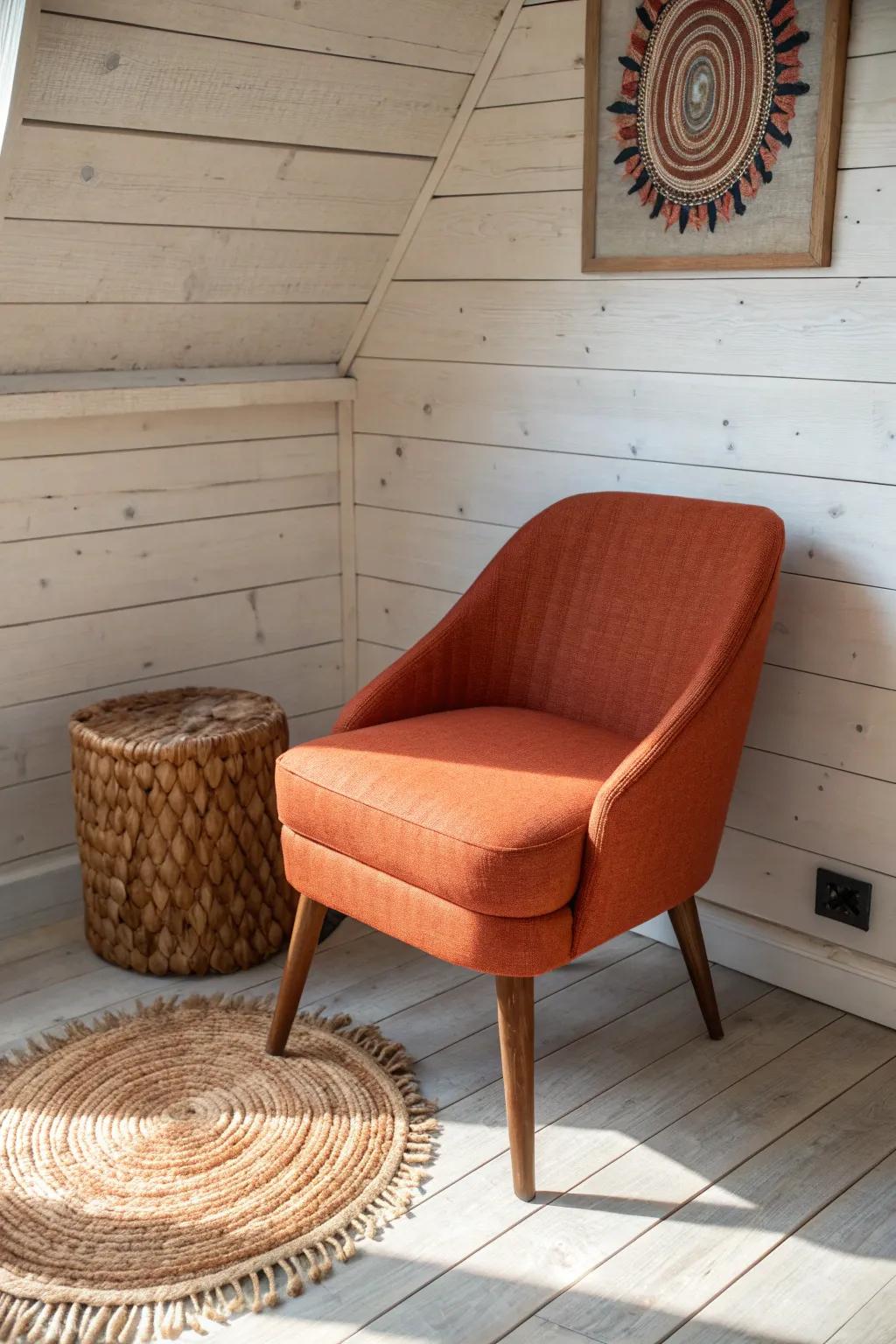 A leggy accent chair keeps your cabin floor visible—small-scale seating makes it feel airy.