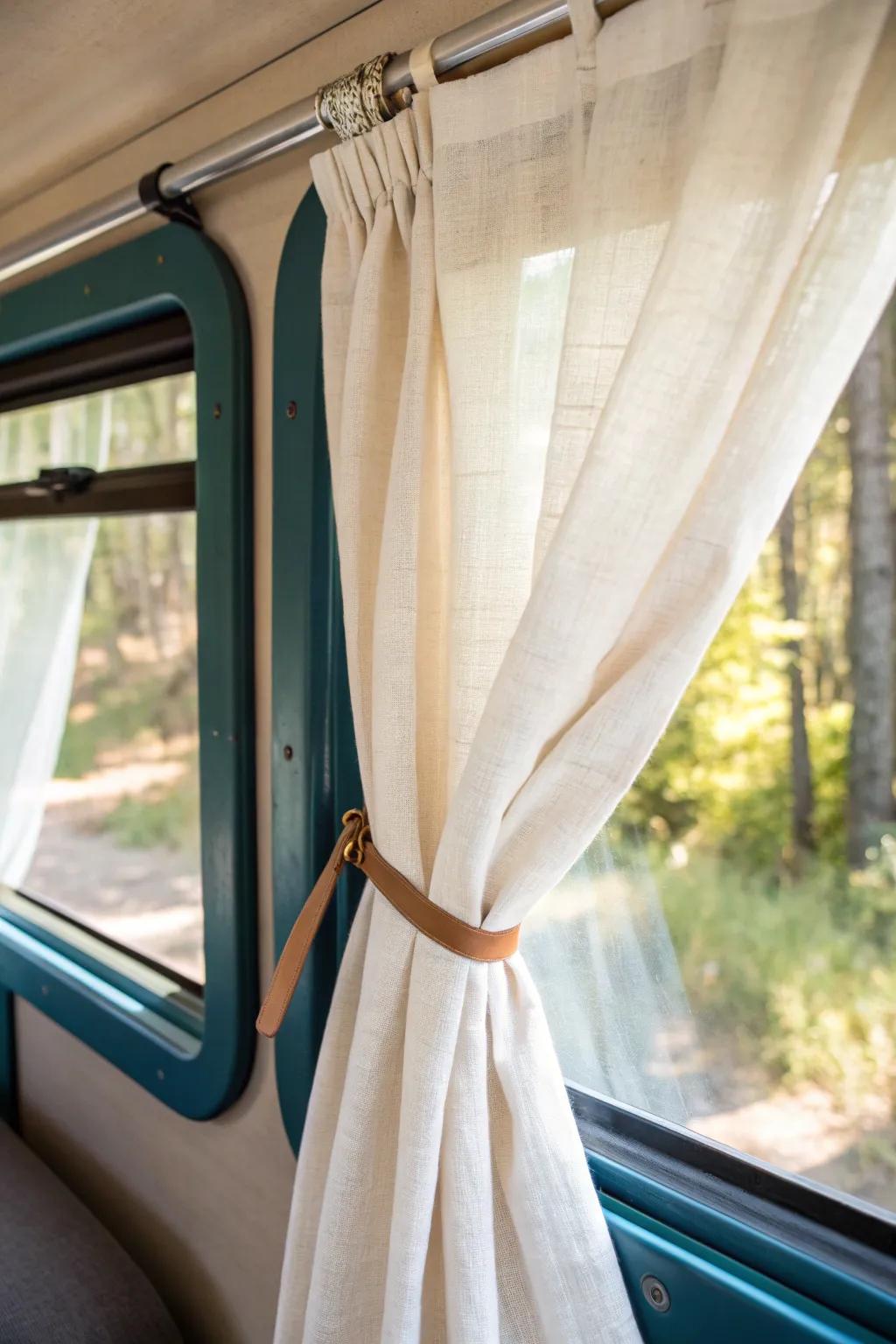 Swap stiff shades for airy linen curtains—instant cozy studio vibes with daylight and privacy.