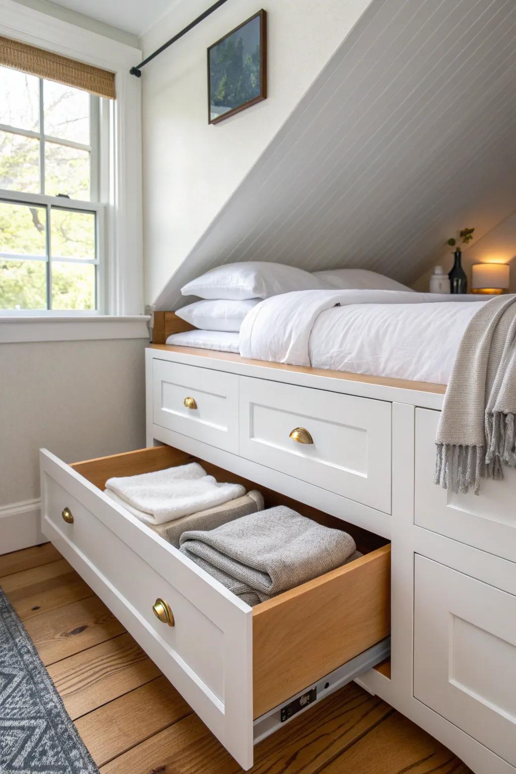 Turn dead-space knee walls into built-in drawers—sleek hidden storage for small upstairs bedrooms.