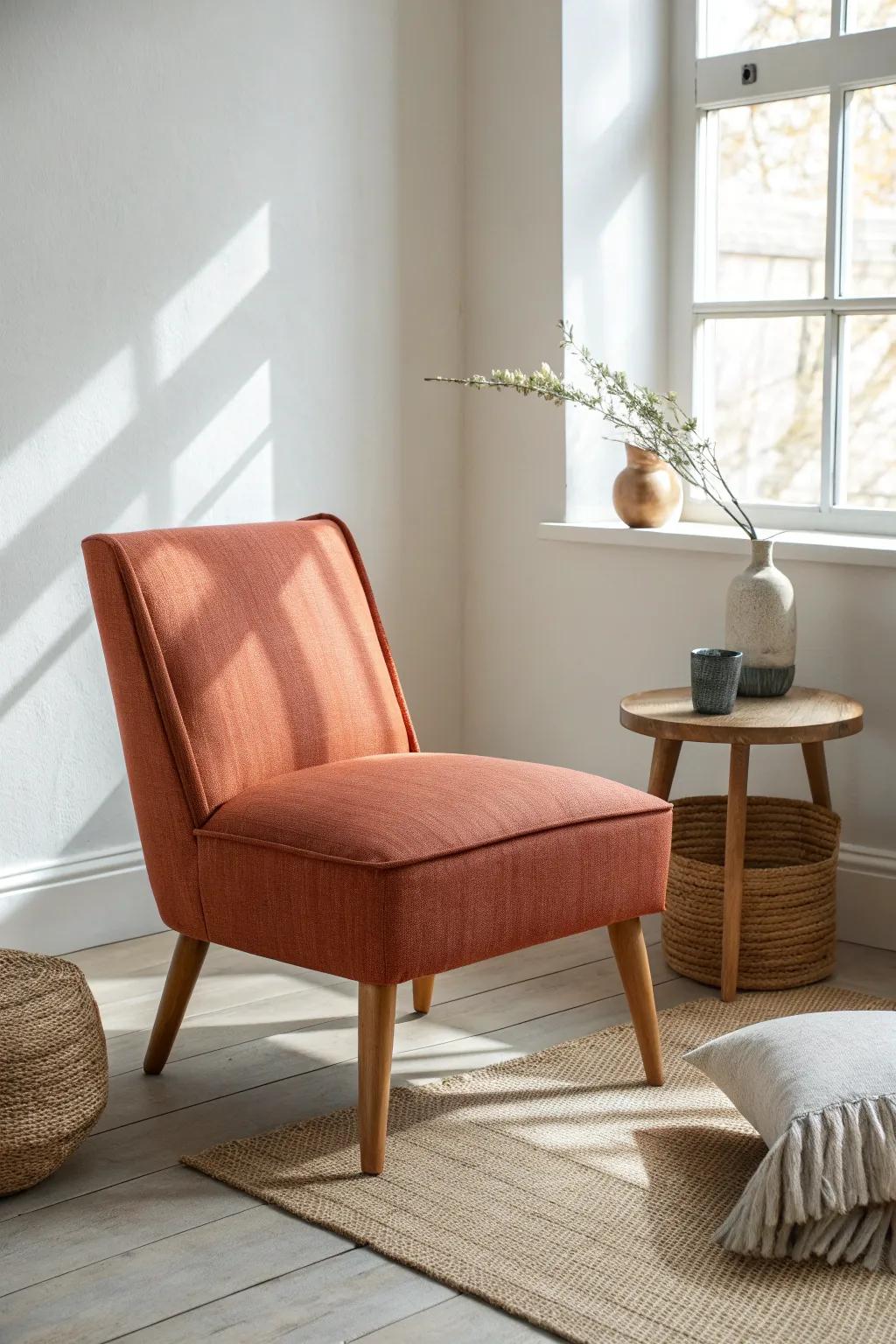 A slim armless chair in warm terracotta—perfect by the closet without crowding your walkway.