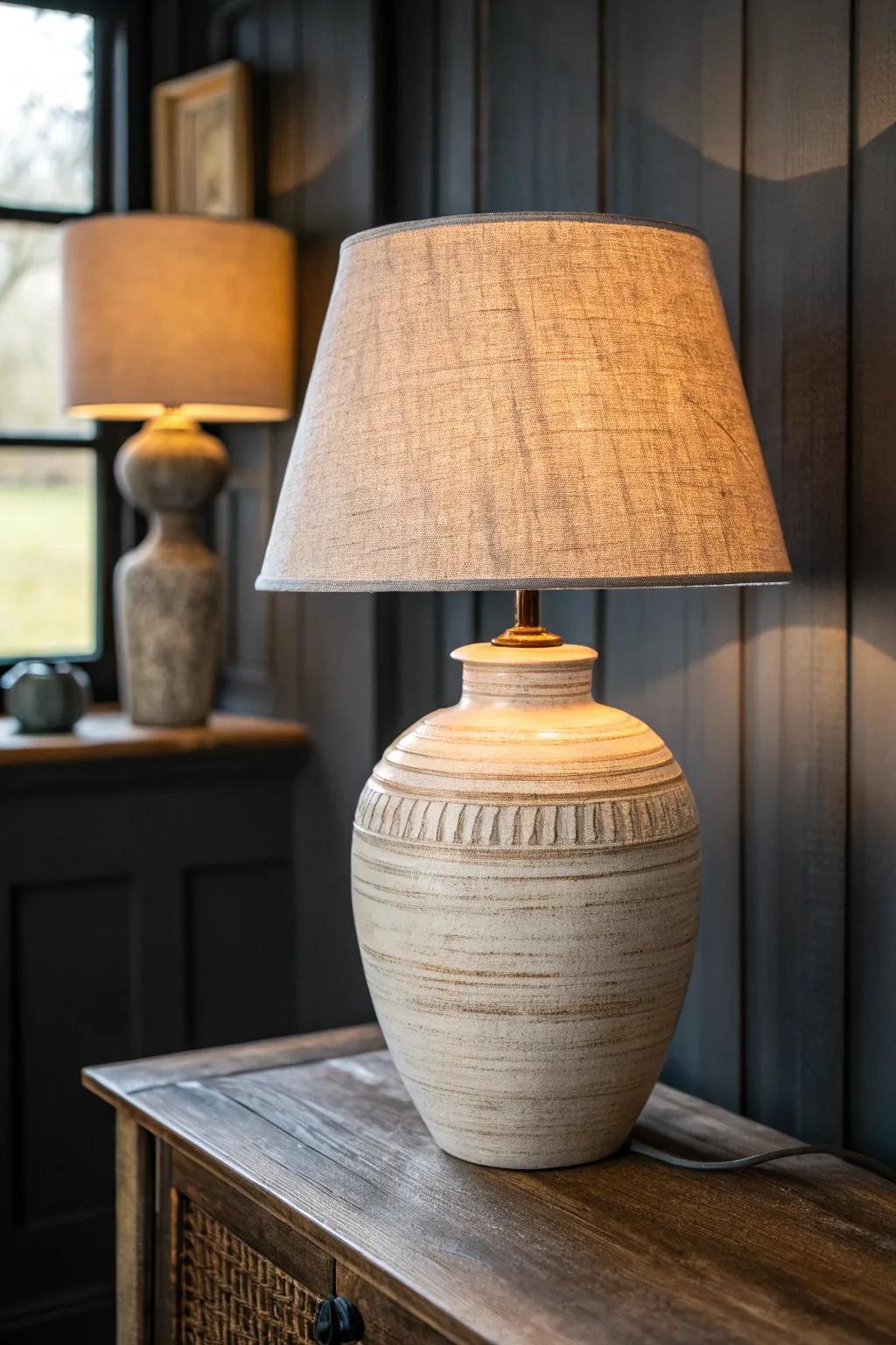 Dimmable warm lamp glow adds depth—perfect layered lighting for a tiny cigar nook.