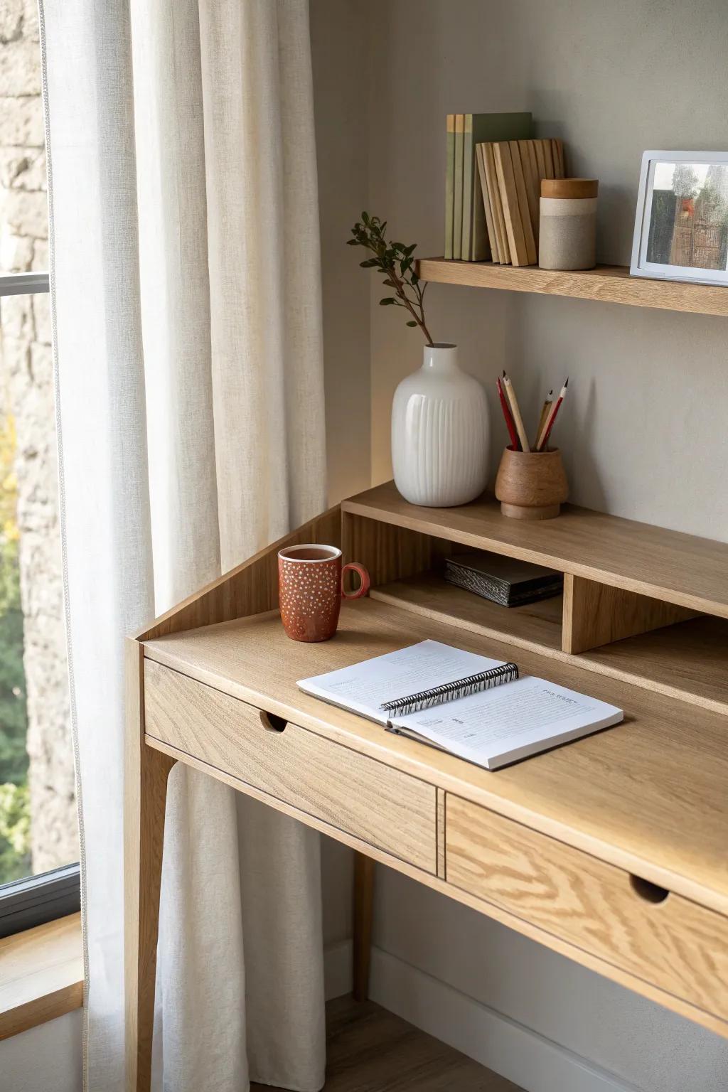 Turn a closet nook into a calm mini office with a floating desk and one tidy shelf.