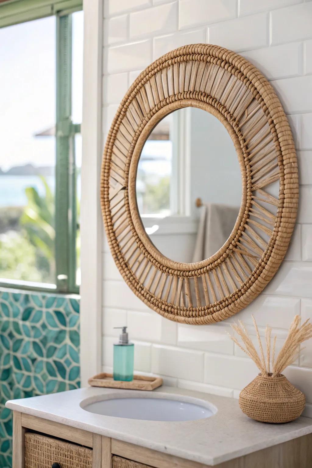A round mirror softens sharp tile lines—instantly making a small coastal bathroom feel calmer.