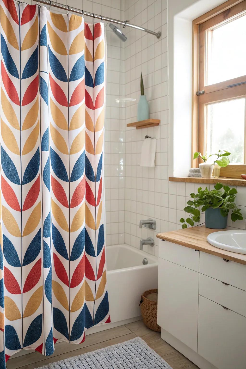 Treat a bright shower curtain like art—one bold print can style the whole small bathroom.
