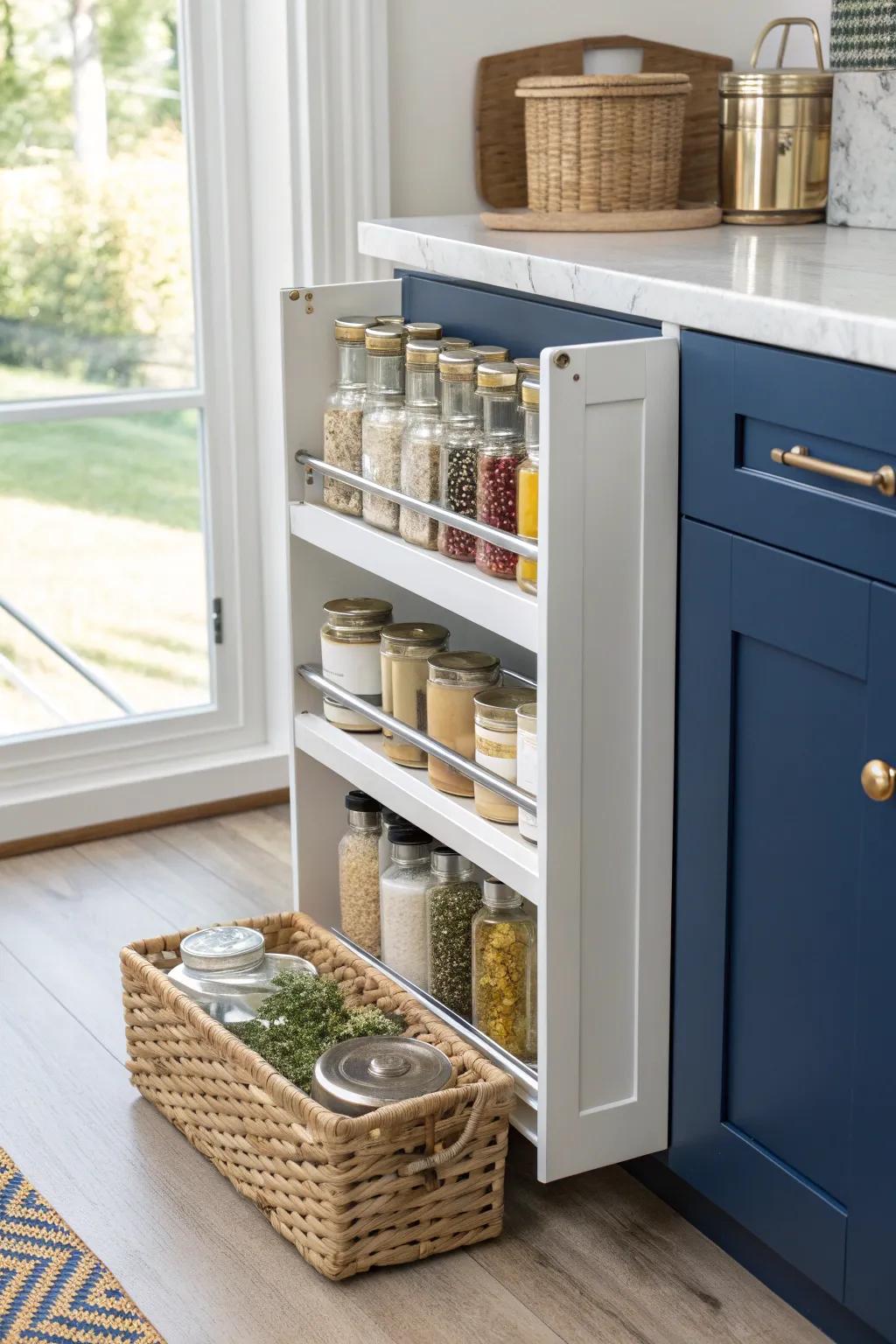 Turn tiny gaps into a dreamy pantry—pull-out storage keeps oils, spices, and snacks in reach.