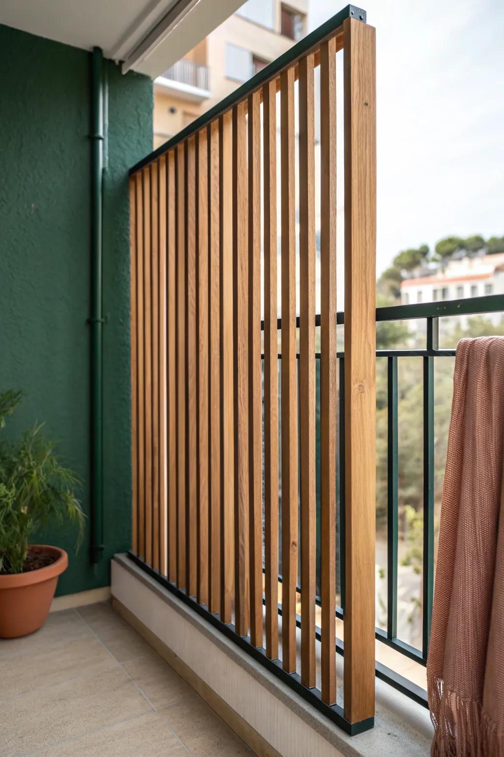 A slatted privacy screen adds instant seclusion to a tiny condo patio—light, airy, boho-warm.