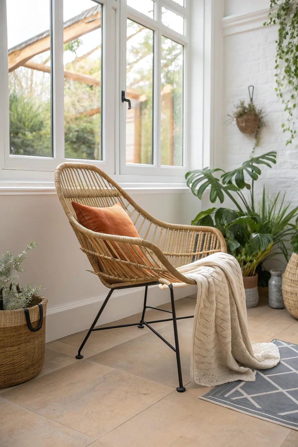 Woven, slim-leg seating keeps a small conservatory feeling open, airy, and effortlessly chic.