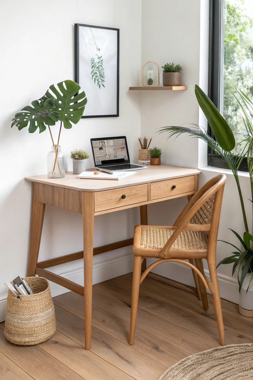 Tiny triangle corner desk that hugs the nook—perfect laptop space without crowding the room.