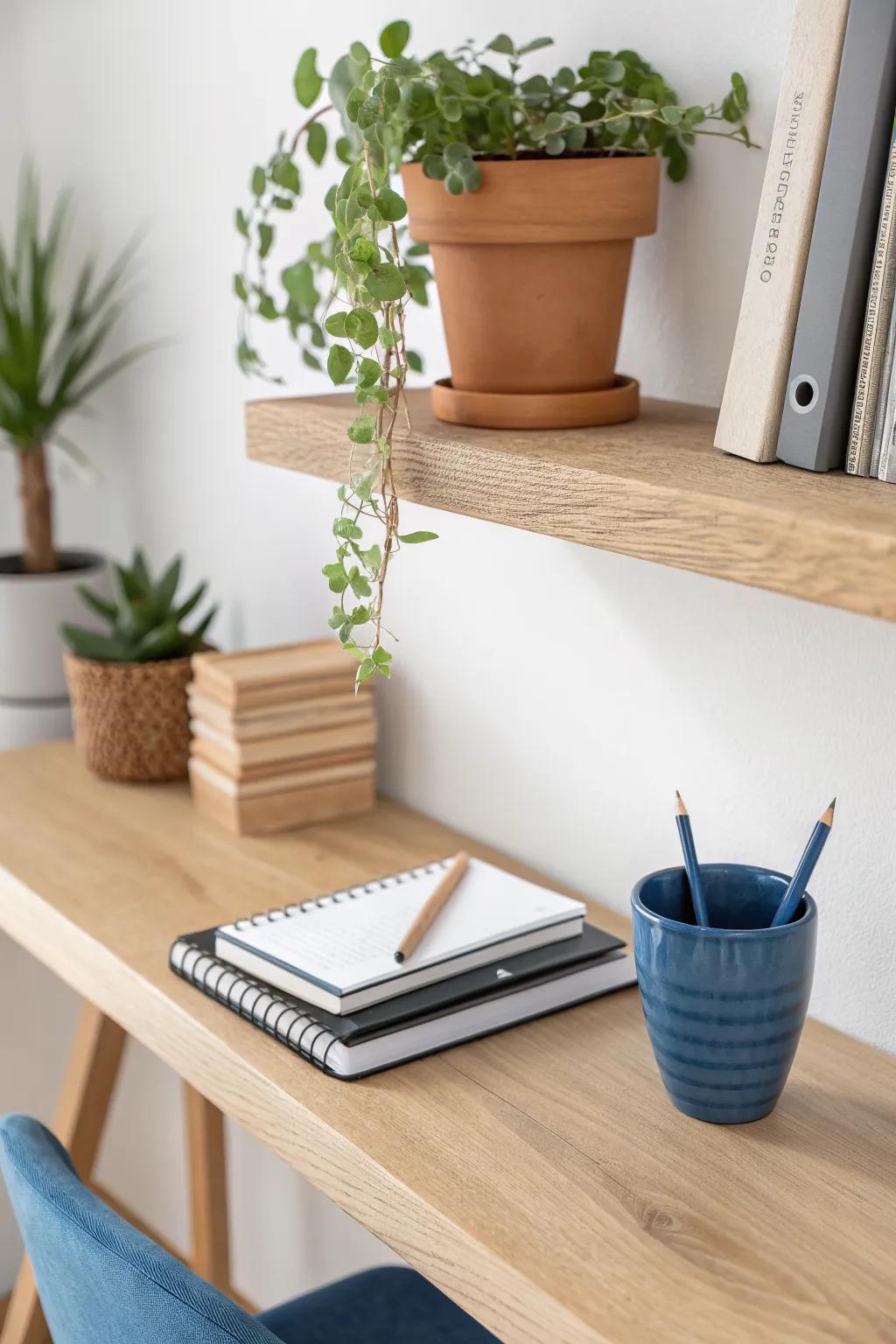 Floating shelves up high keep a tiny corner desk clear—storage that looks styled, not cluttered.