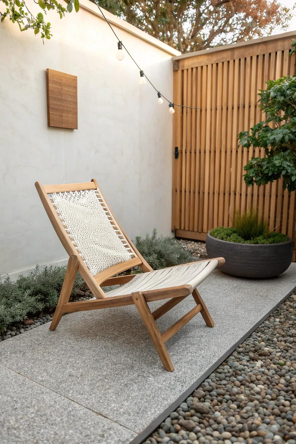 A chic pea-gravel corner patio: crisp edging, warm wood, and one bold terracotta accent.