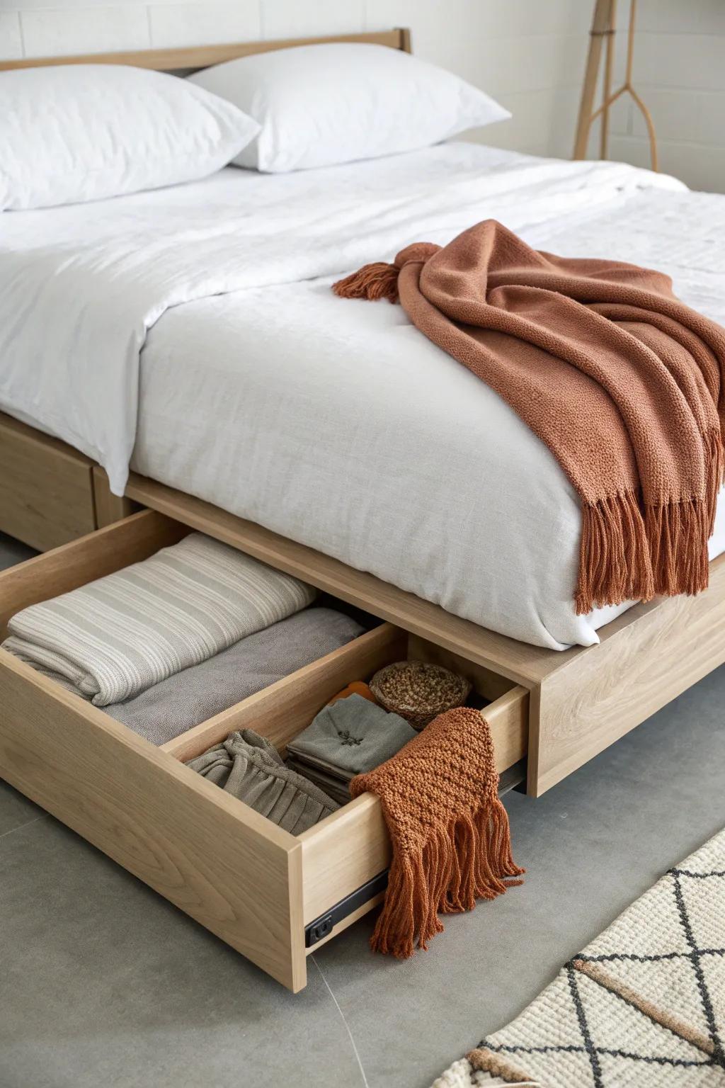 Hidden under-bed storage keeps a tiny bedroom calm—stash seasonal pieces in matching bins.