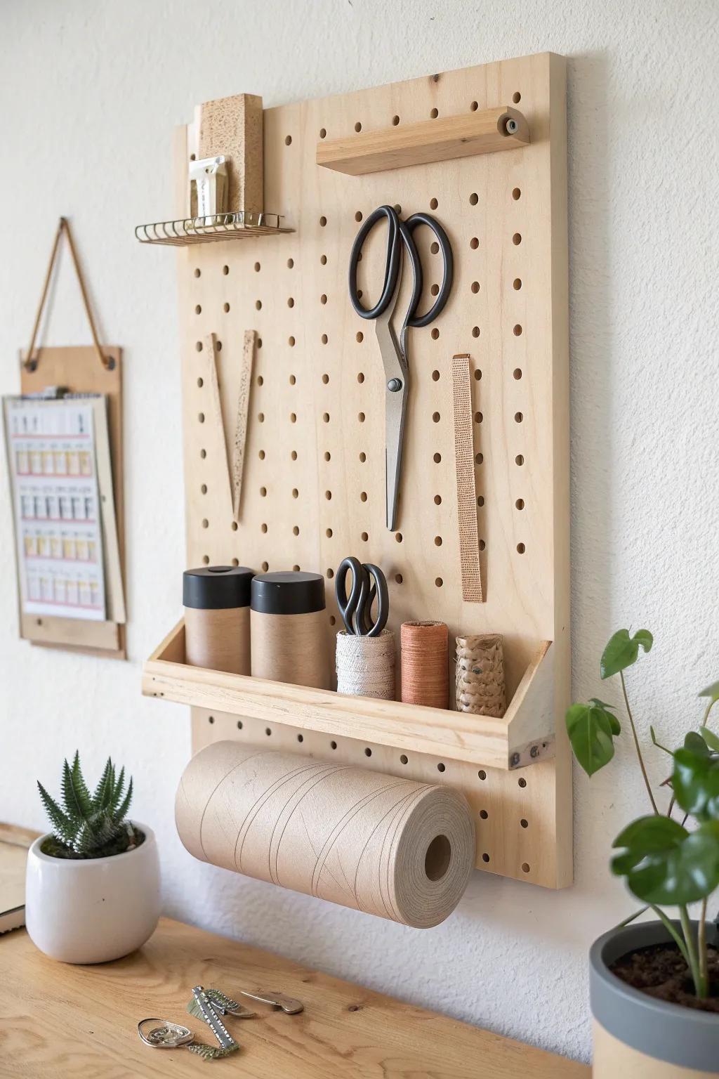 A chic pegboard keeps everyday tools visible, tidy, and within arm’s reach in small spaces.
