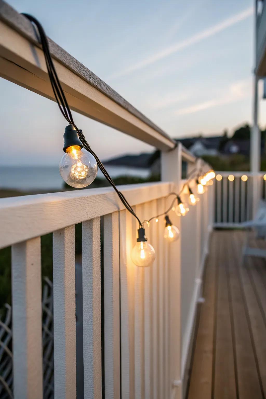 A tight, simple line of warm globe lights turns any tiny deck into an instant cozy retreat.