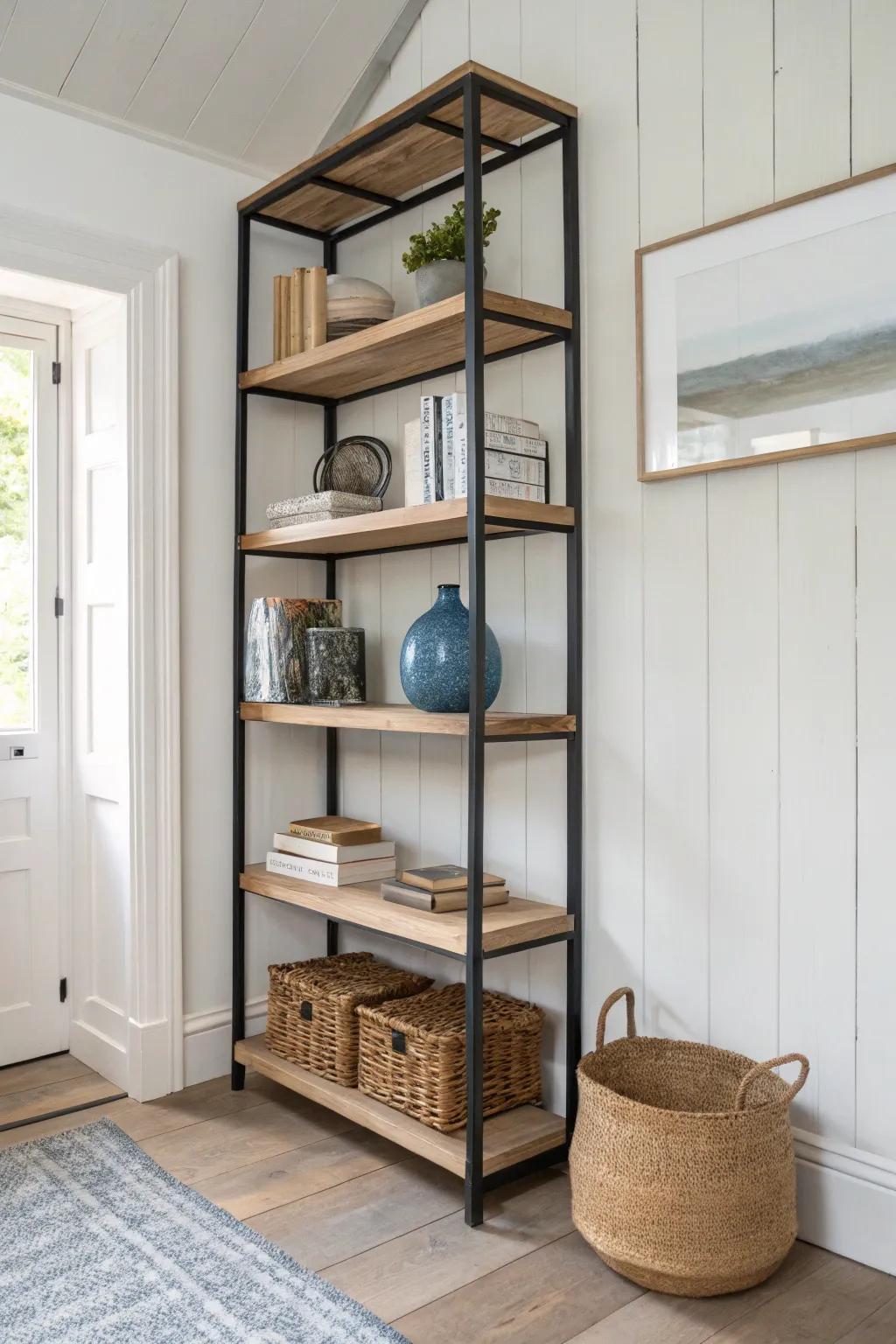Floor-to-ceiling shelves draw the eye up—extra storage and style without losing floor space.
