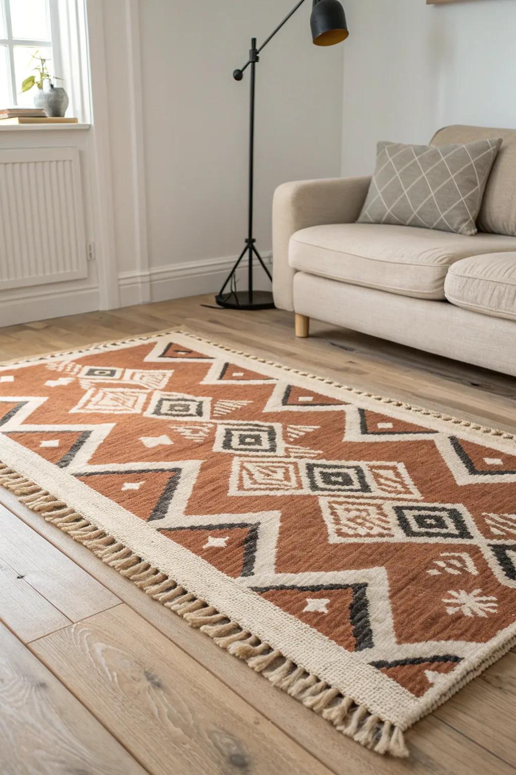 One bold rug draws the boundary—instantly turning a small den corner into a cozy zone.