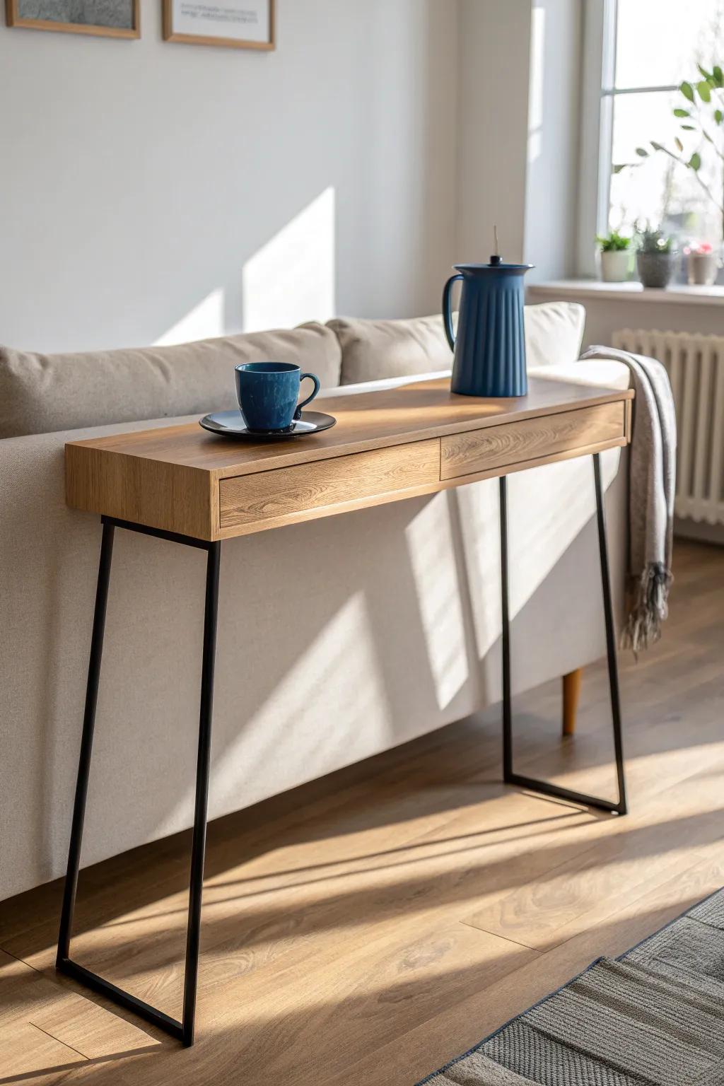 Slim console table desk behind the sofa—narrow depth, high style, perfect for small spaces.