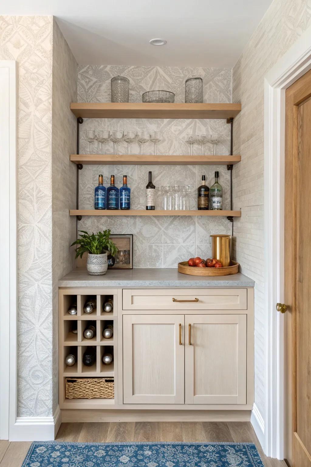 A recessed nook dry bar with flush shelves and textured backing—small-space magic.