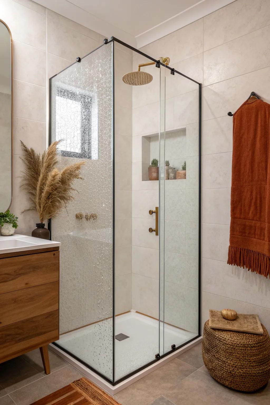 A single glass pane wet-room setup keeps a tiny ensuite open, airy, and luxe.
