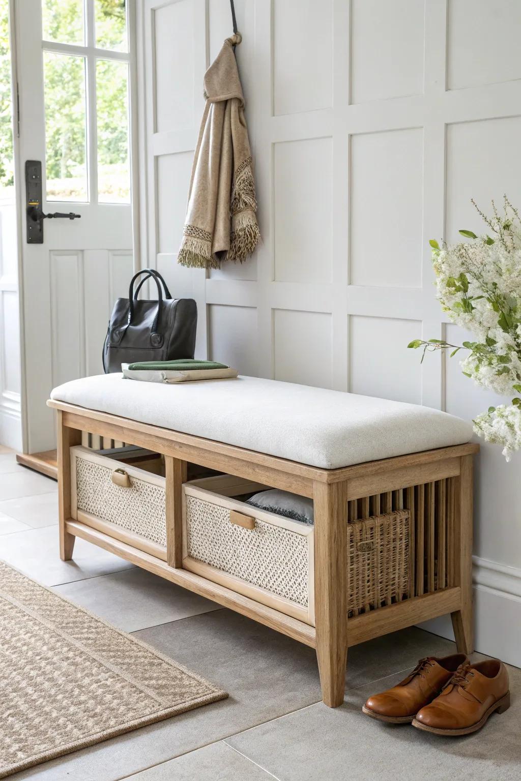 A sleek shoe bench with hidden storage keeps even the smallest entry calm and clutter-free.