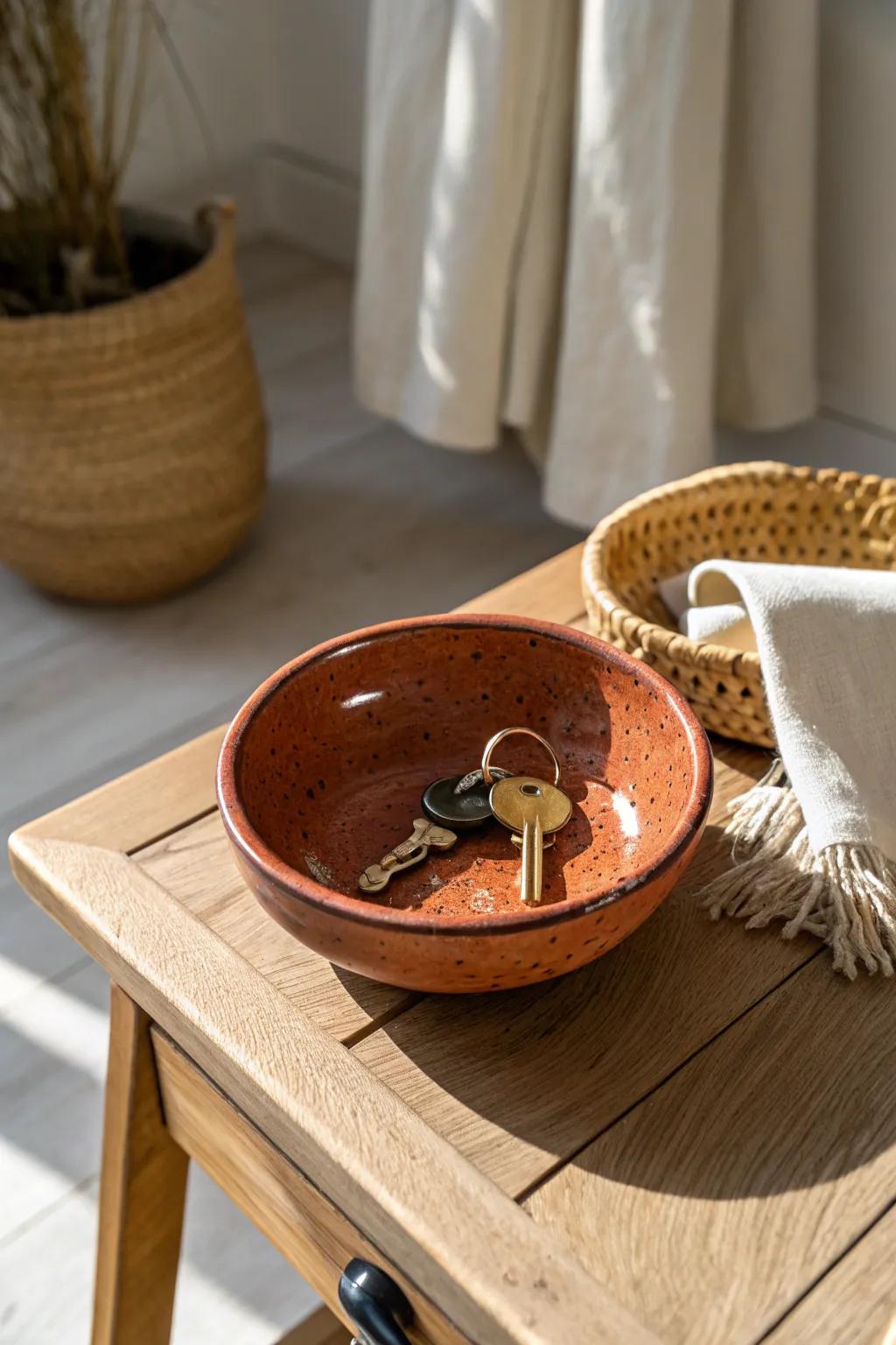 A pretty key bowl in bold terracotta makes “drop your keys here” a daily habit.