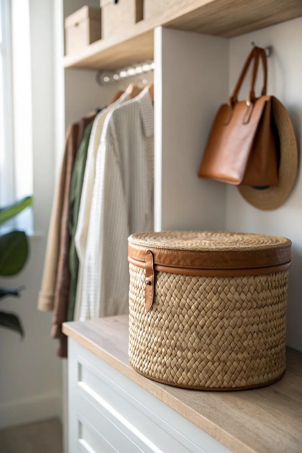 Top-shelf lidded bins keep seasonal scarves and hats dust-free in a tiny entryway closet.
