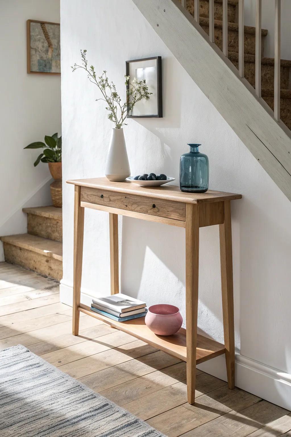 Slim console, big impact: a tiny landing spot for keys and one bold decorative moment.