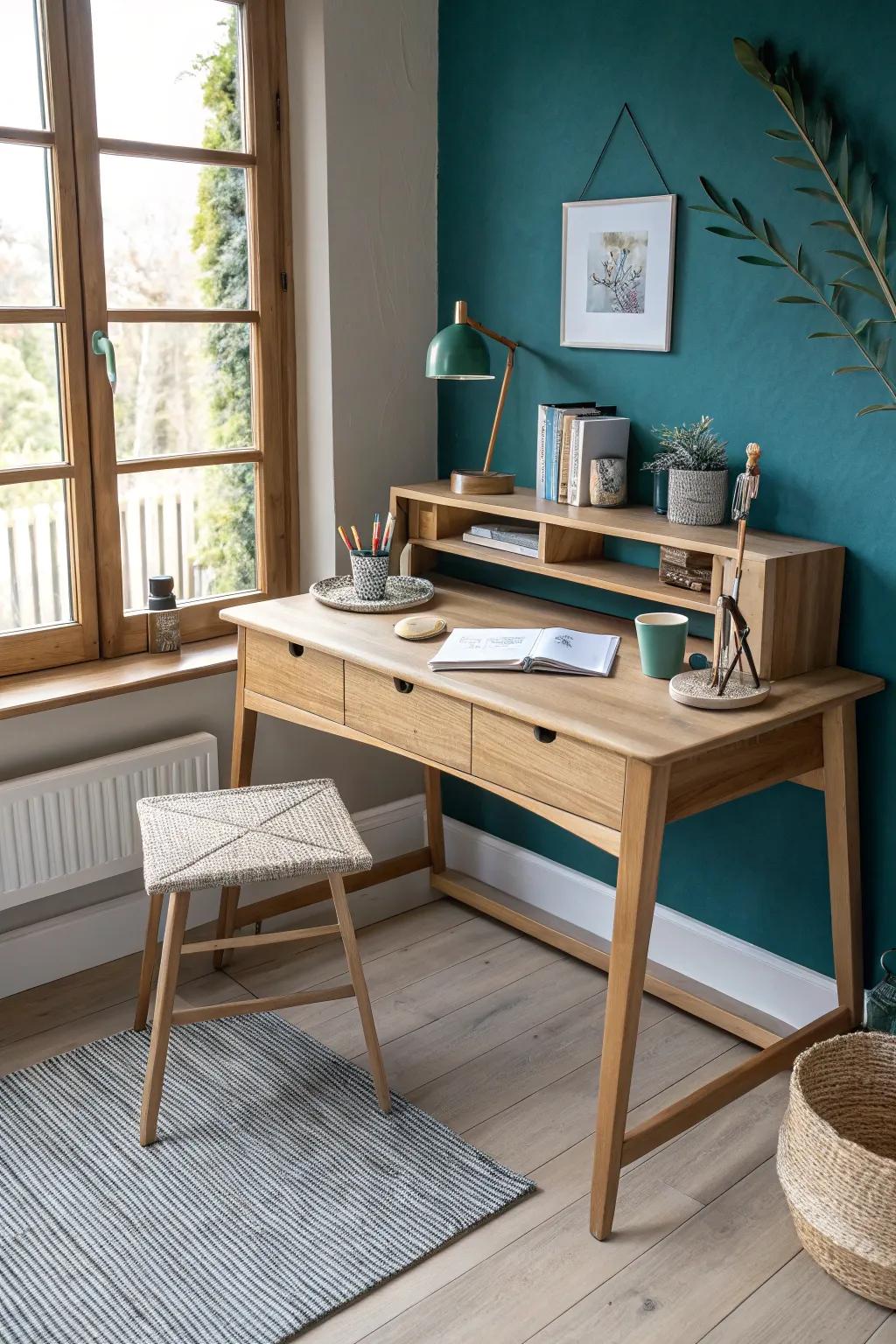 An L-shaped desk turns a tiny office into a confident command center—work + meet, beautifully.