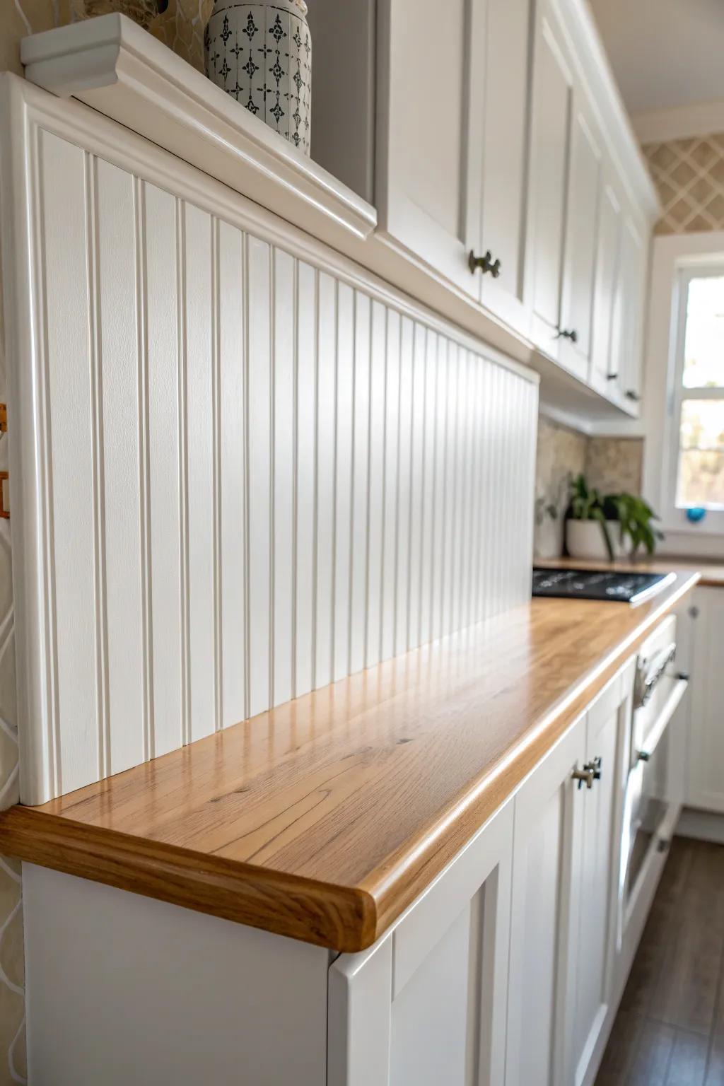 Budget farmhouse charm: painted beadboard adds cozy texture to a tiny kitchen backsplash.