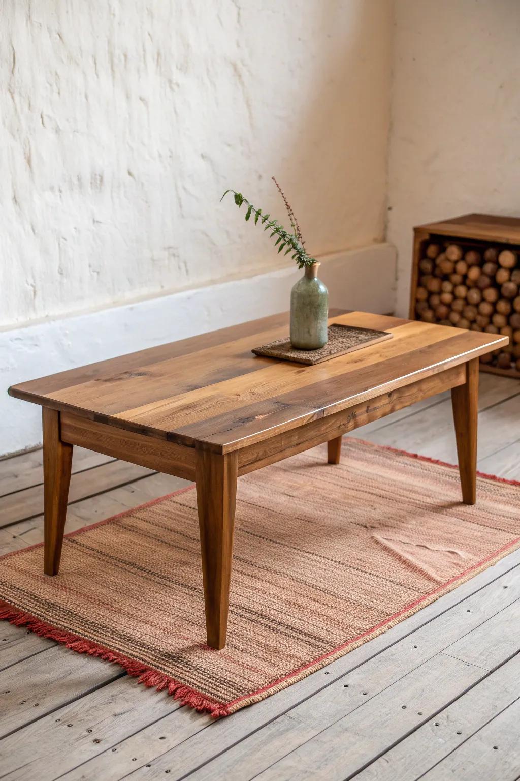 A slim reclaimed wood coffee table that delivers farmhouse warmth without crowding a small room.