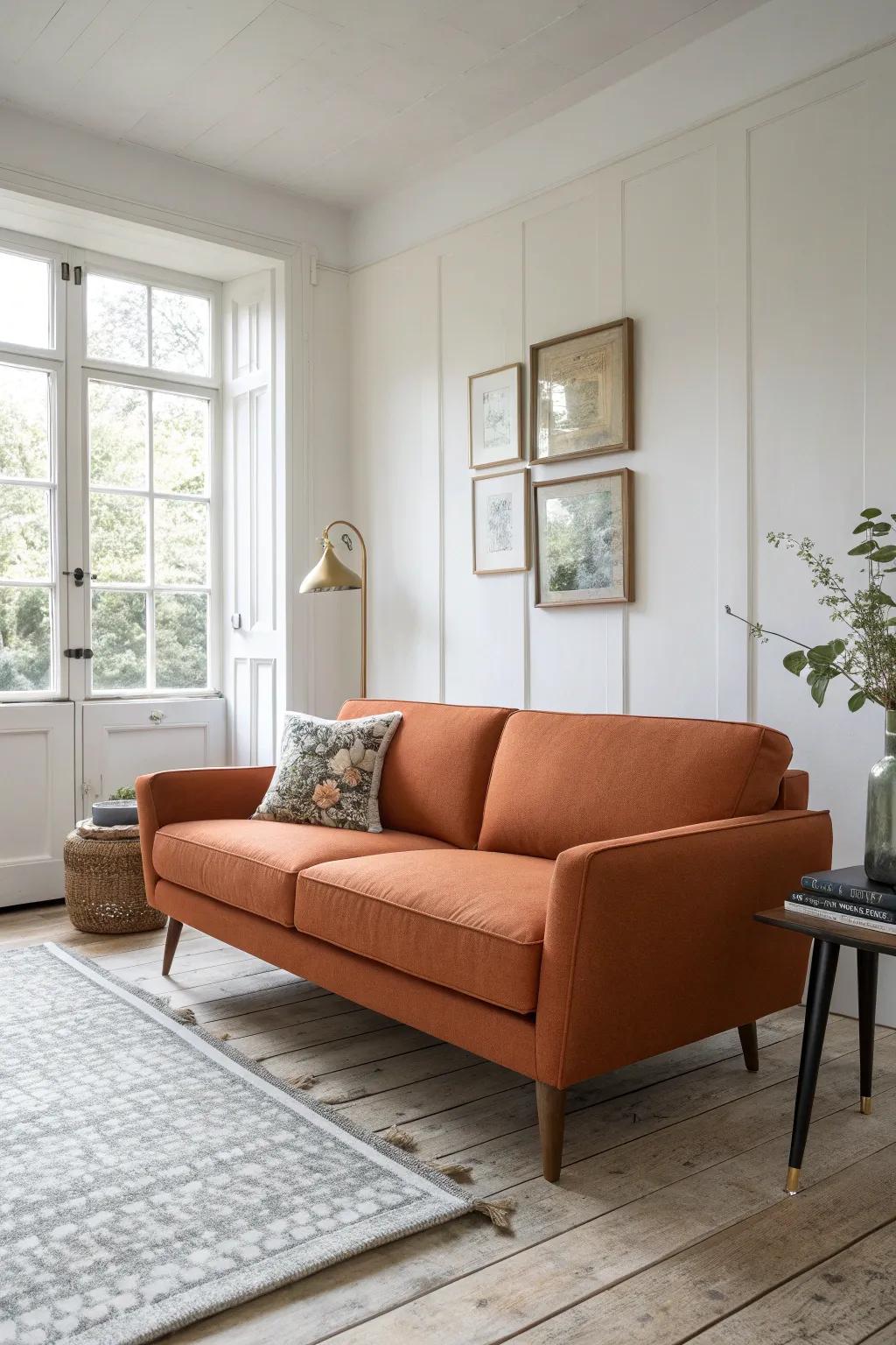 A tailored tight-back sofa brings polished structure to a small formal living room.