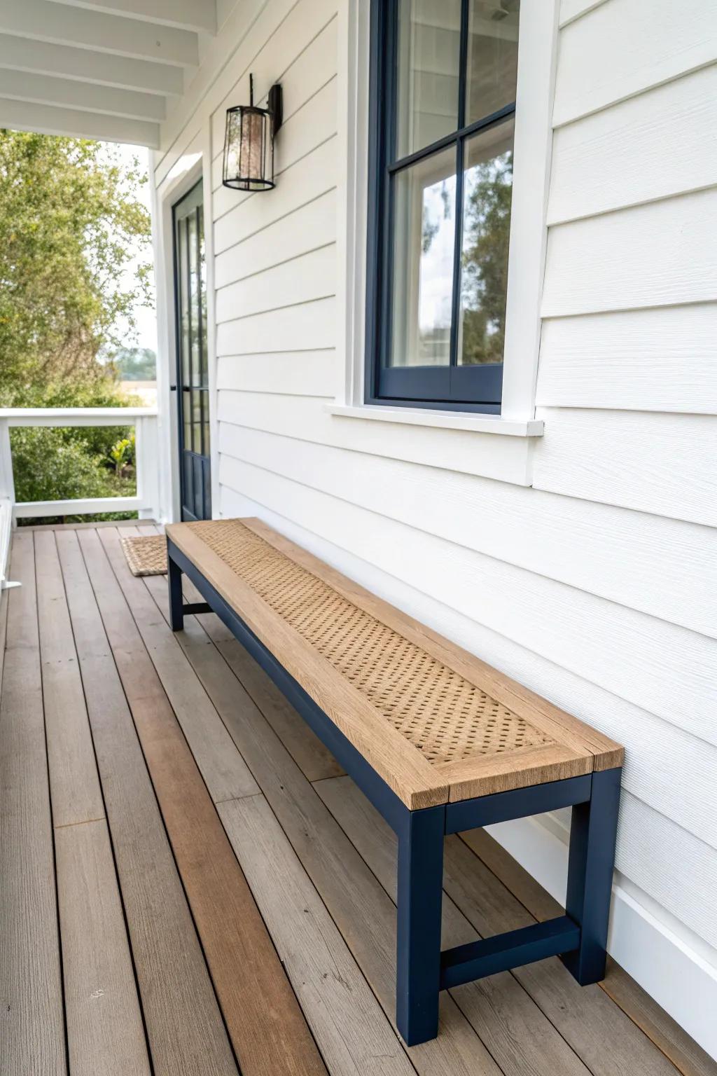 A slim wall-hugging bench turns a tiny front deck into a drop zone without crowding.