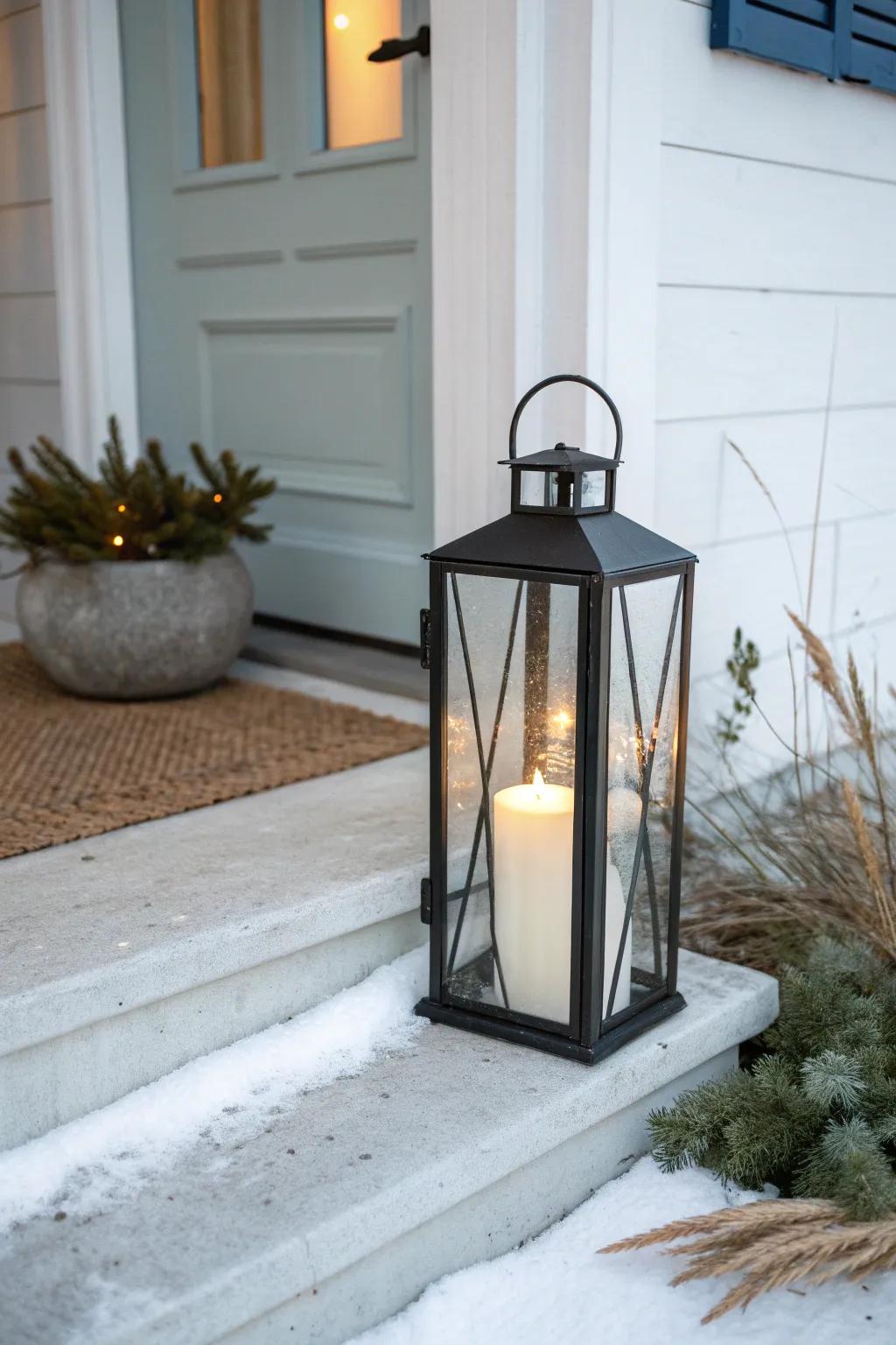 A warm lantern glow on the steps—cozy Christmas charm for the smallest front porch.