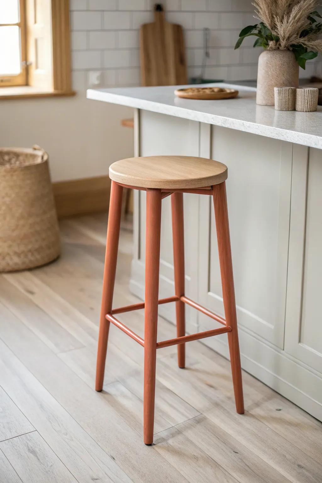 Backless stool with hidden storage—slides fully under the bar to open up tight walkways.