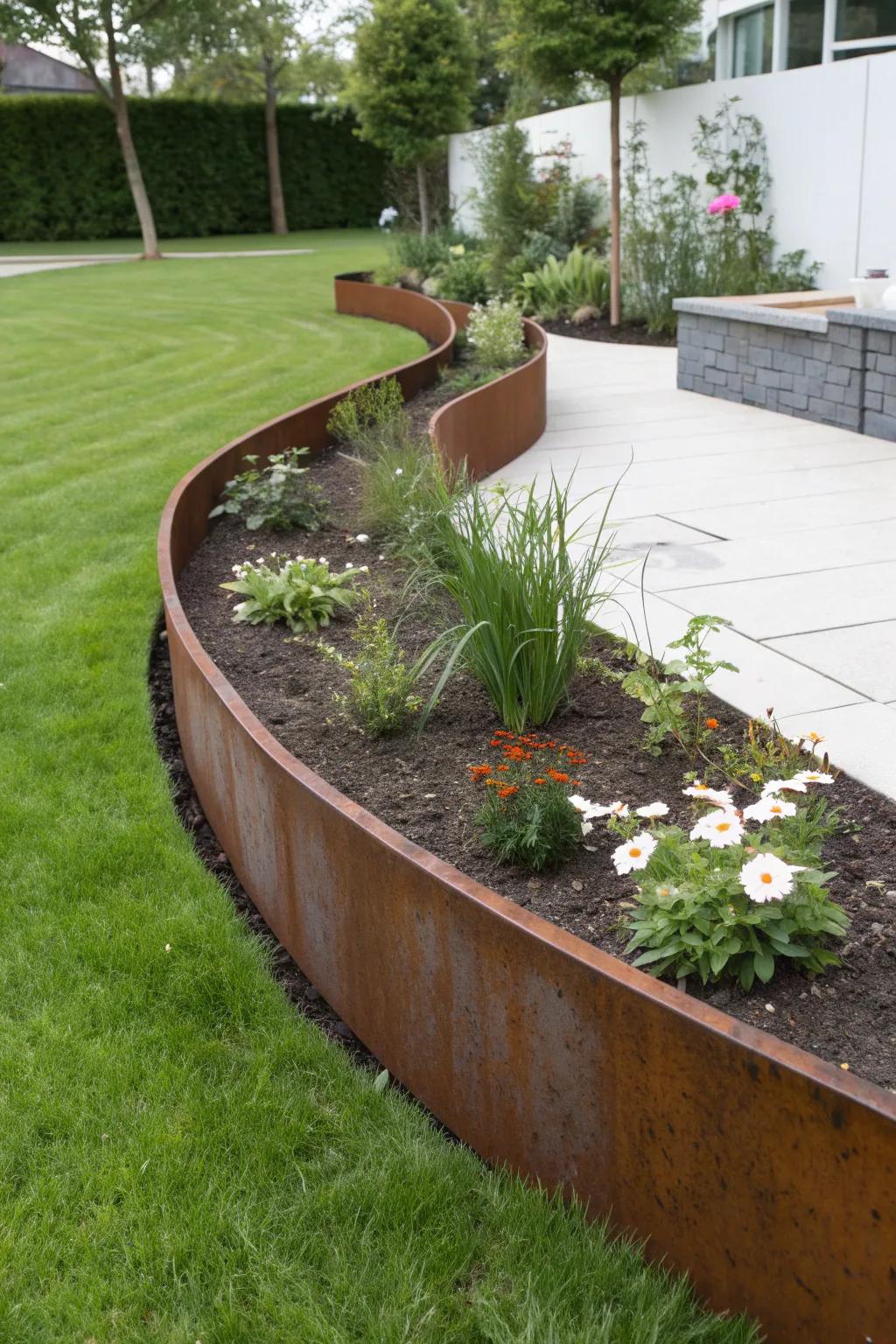 A simple curve in the lawn turns a tiny garden bed into a planned, polished statement.