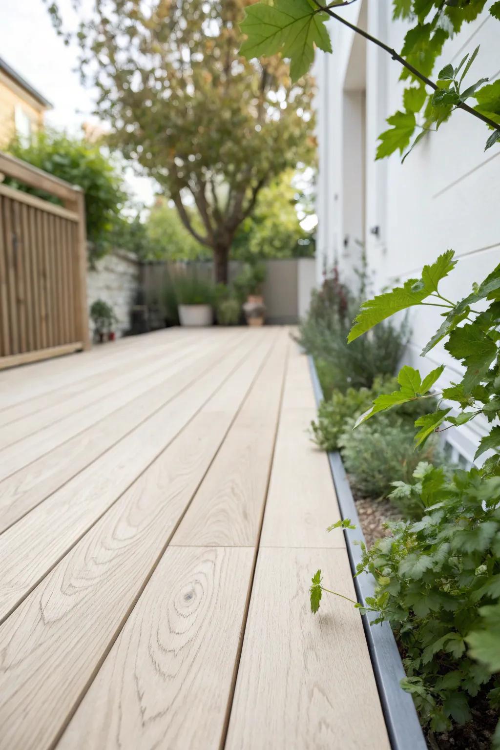 Light-toned decking reflects shade and makes a narrow garden feel wider, brighter, and calmer.