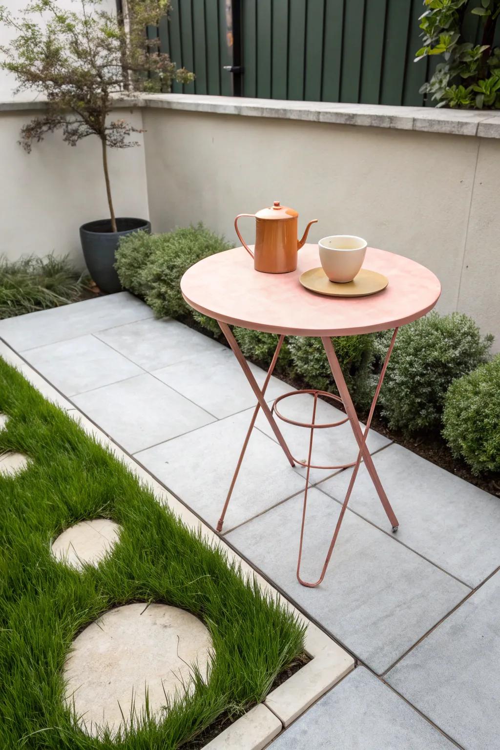 A level mini dining pad, framed by lush artificial turf—small garden style with bold contrast.