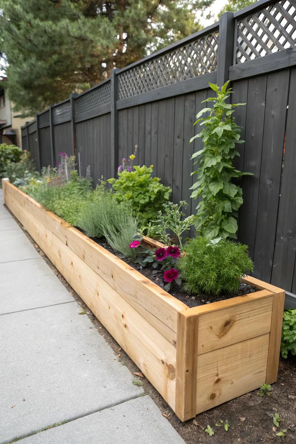 A slim raised bed along the fence adds herbs and blooms while keeping the center open to live.