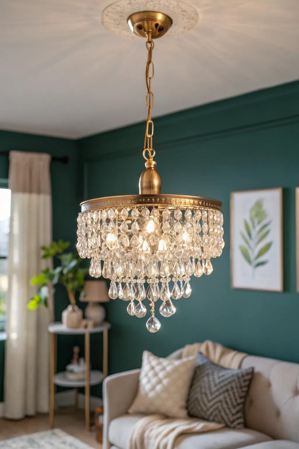 A petite crystal chandelier adds boutique-hotel glam to a small living room—without crowding.